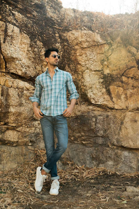 50s Checks Twill - Teal Blue