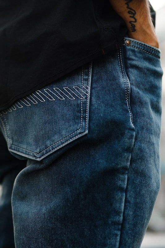 Heavily washed stretchable slim tapered fit Blue Jeans