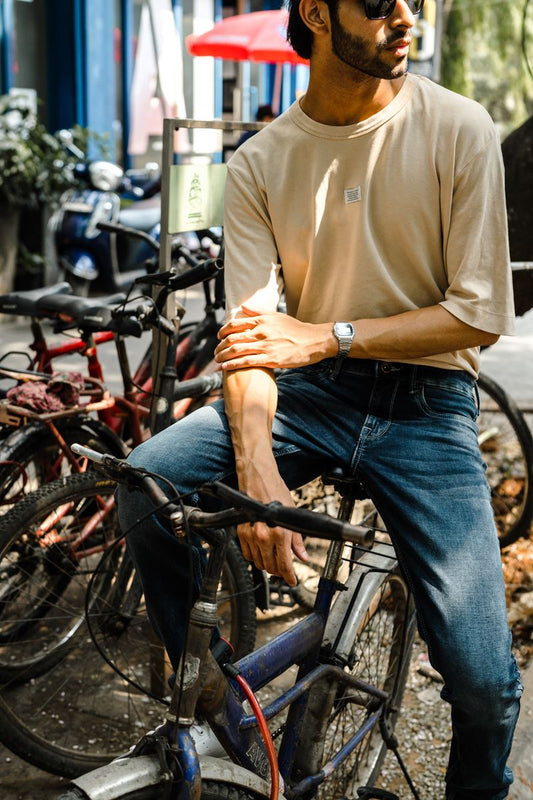 Dk Blue heavily washed stretchable slim tapered fit Jeans