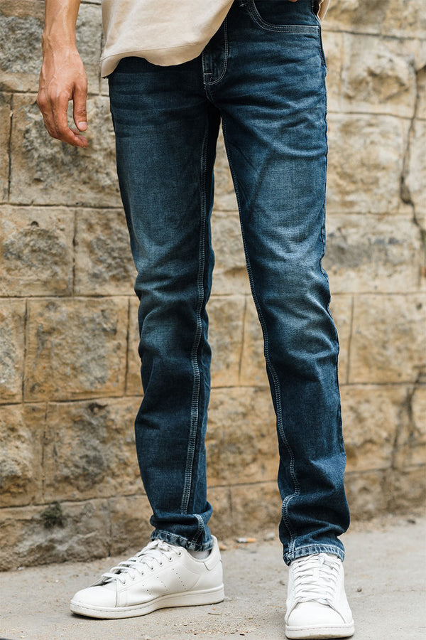 Dk Blue heavily washed stretchable slim tapered fit Jeans